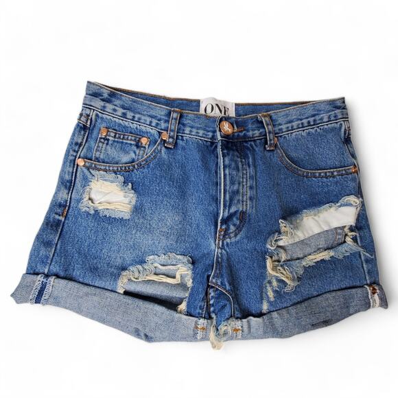 ONE by One Teaspoon Women's Chargers Distressed Shorts Sz 24 Relaxed Button Fly - Picture 2 of 9